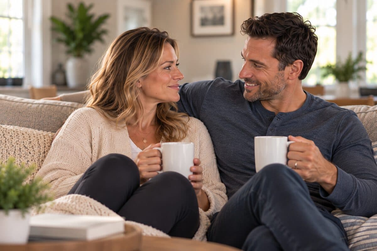 A married couple sitting together on their sofa with coffee, smiling at each other