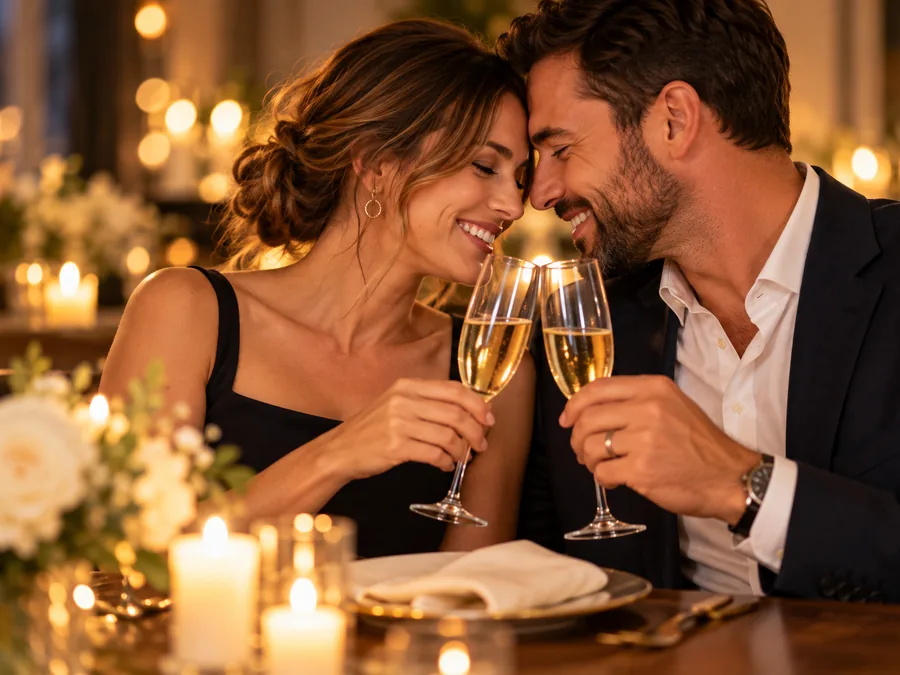 Couple toasting champagne by candlelight