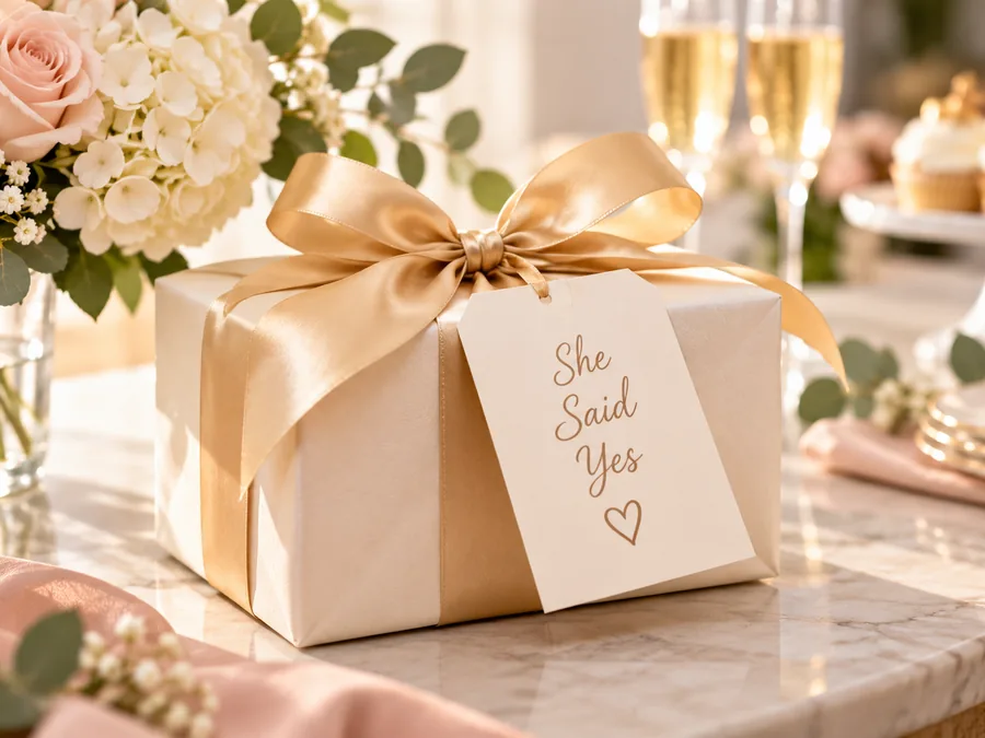 Wrapped gift box with a gold ribbon and a "She Said Yes" tag