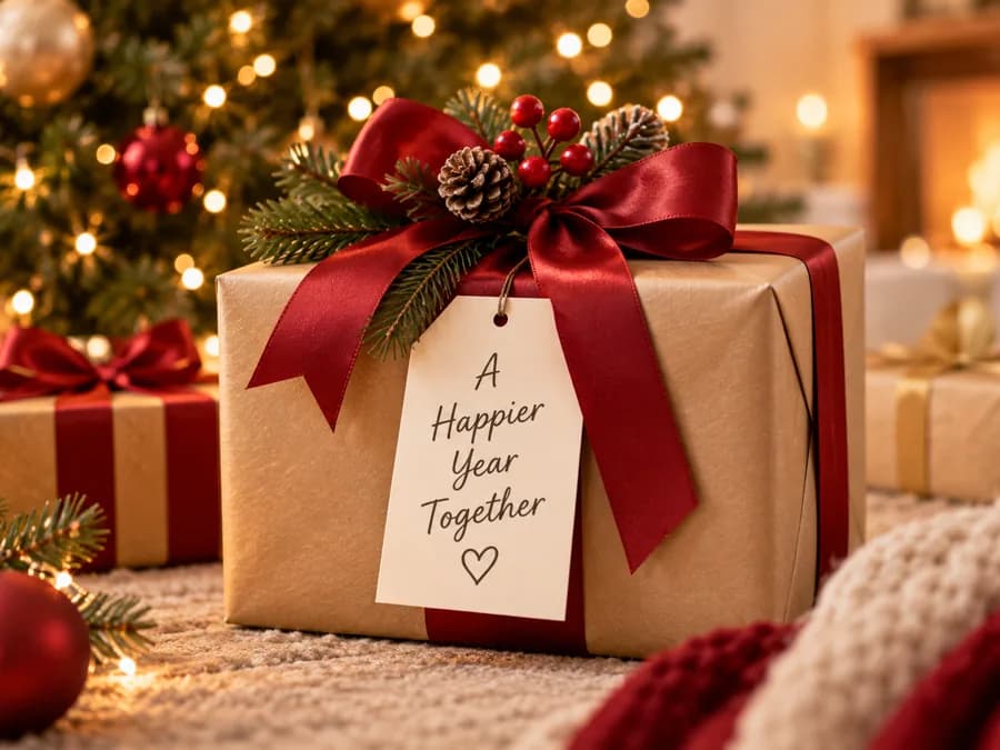 Wrapped Christmas gift with a red ribbon and a "A Happier Year Together" tag