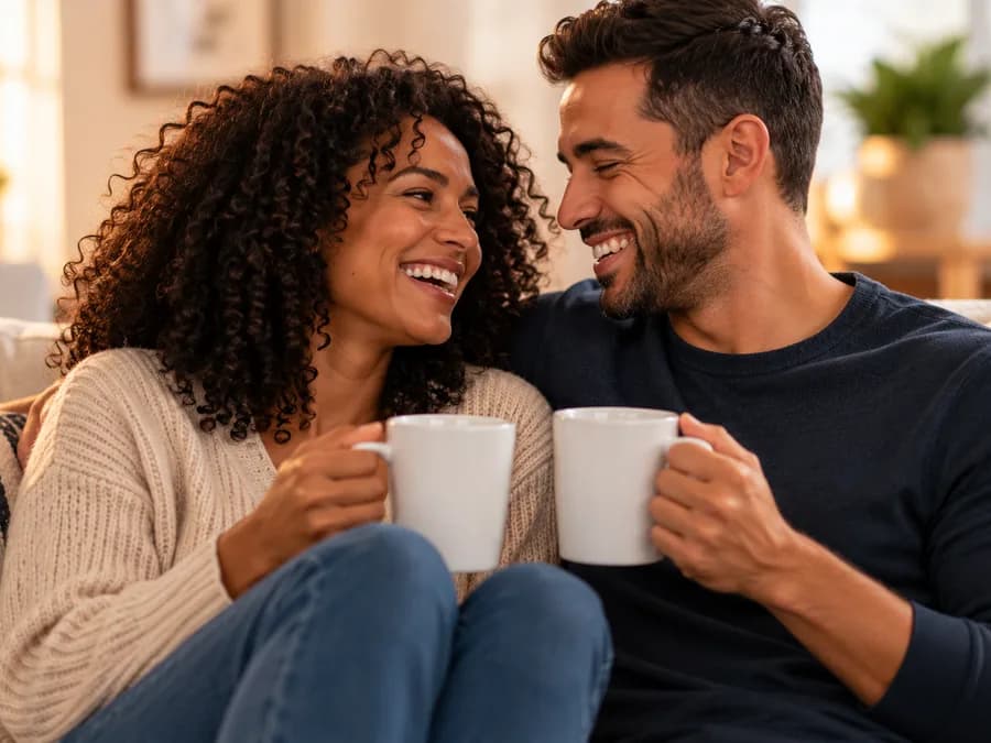 Couple smiling over coffee mugs on the couch