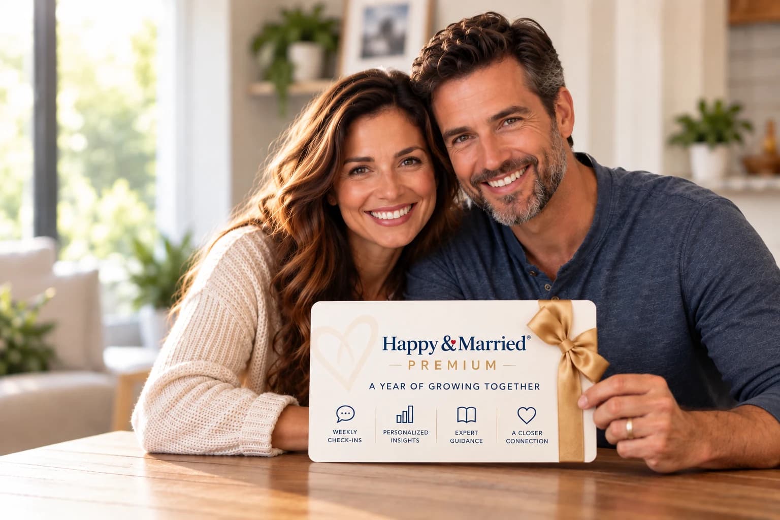 Happy married couple holding a Happy & Married Premium gift card.