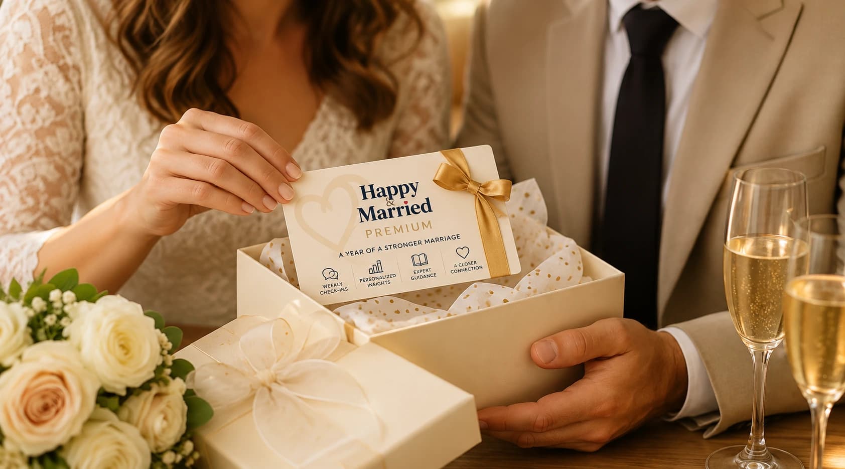 Newlyweds enjoying their Happy & Married Premium gift together at home.