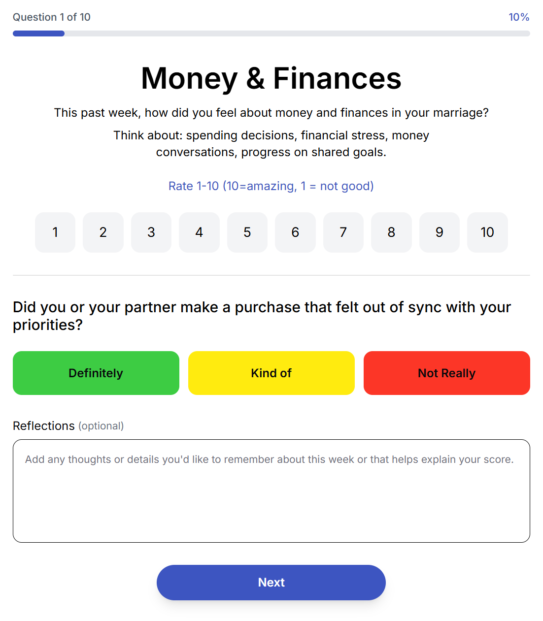 Weekly Check-In screen, rating Money & Finances for the week