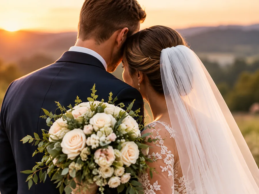 Bride and groom looking out at a sunset, holding a bouquet