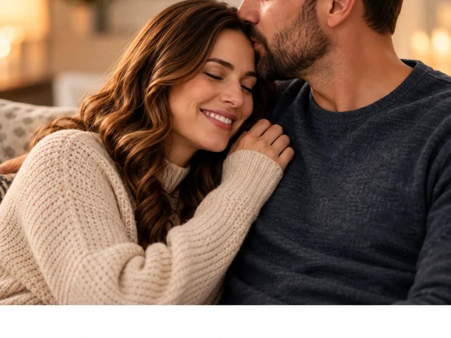Husband gently kissing his wife's forehead at home