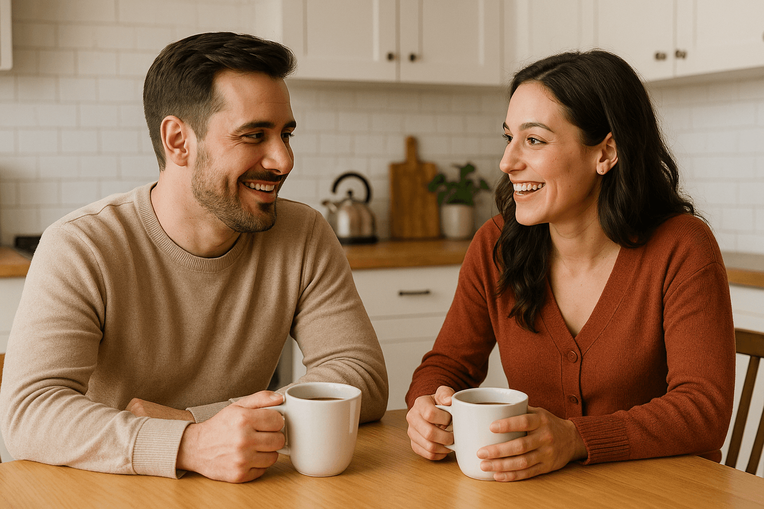 A couple having a relaxed conversation at home
