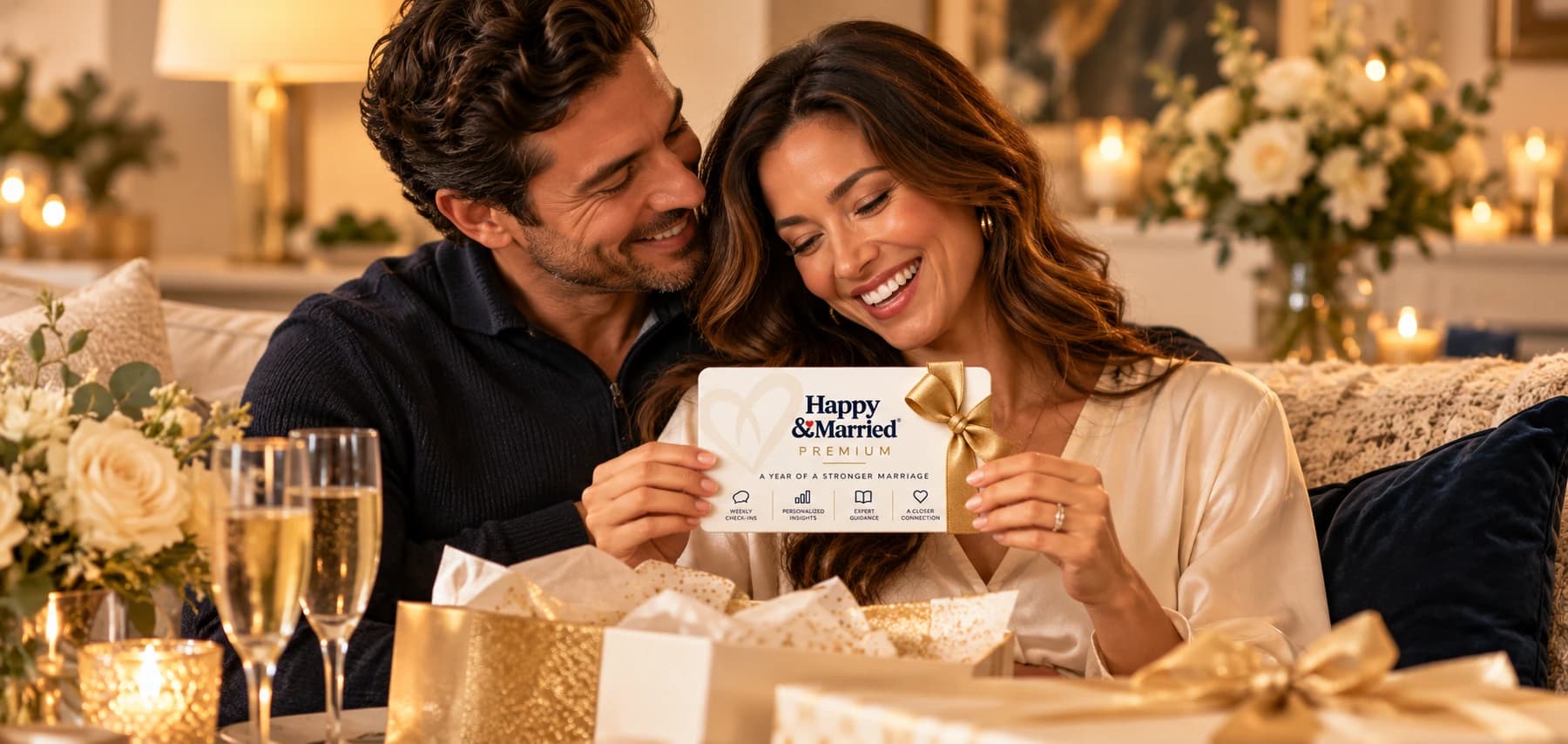 Married couple celebrating their anniversary together at home, holding their Happy & Married Premium gift card.