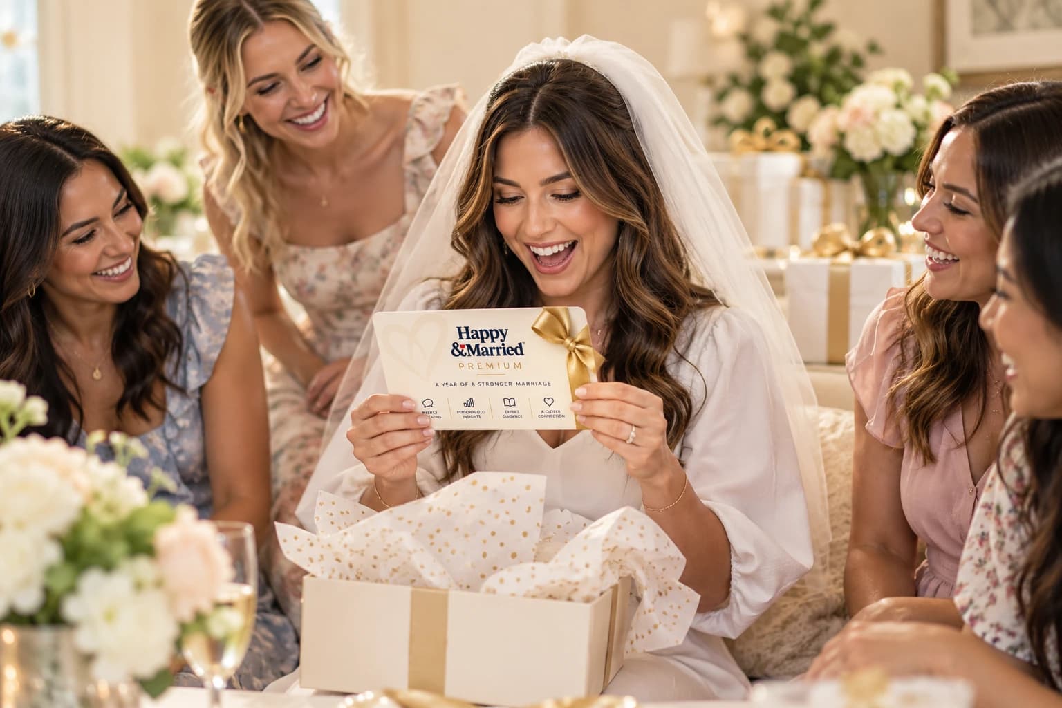 A bride at her bridal shower opening a Happy & Married Premium gift, surrounded by smiling bridesmaids.