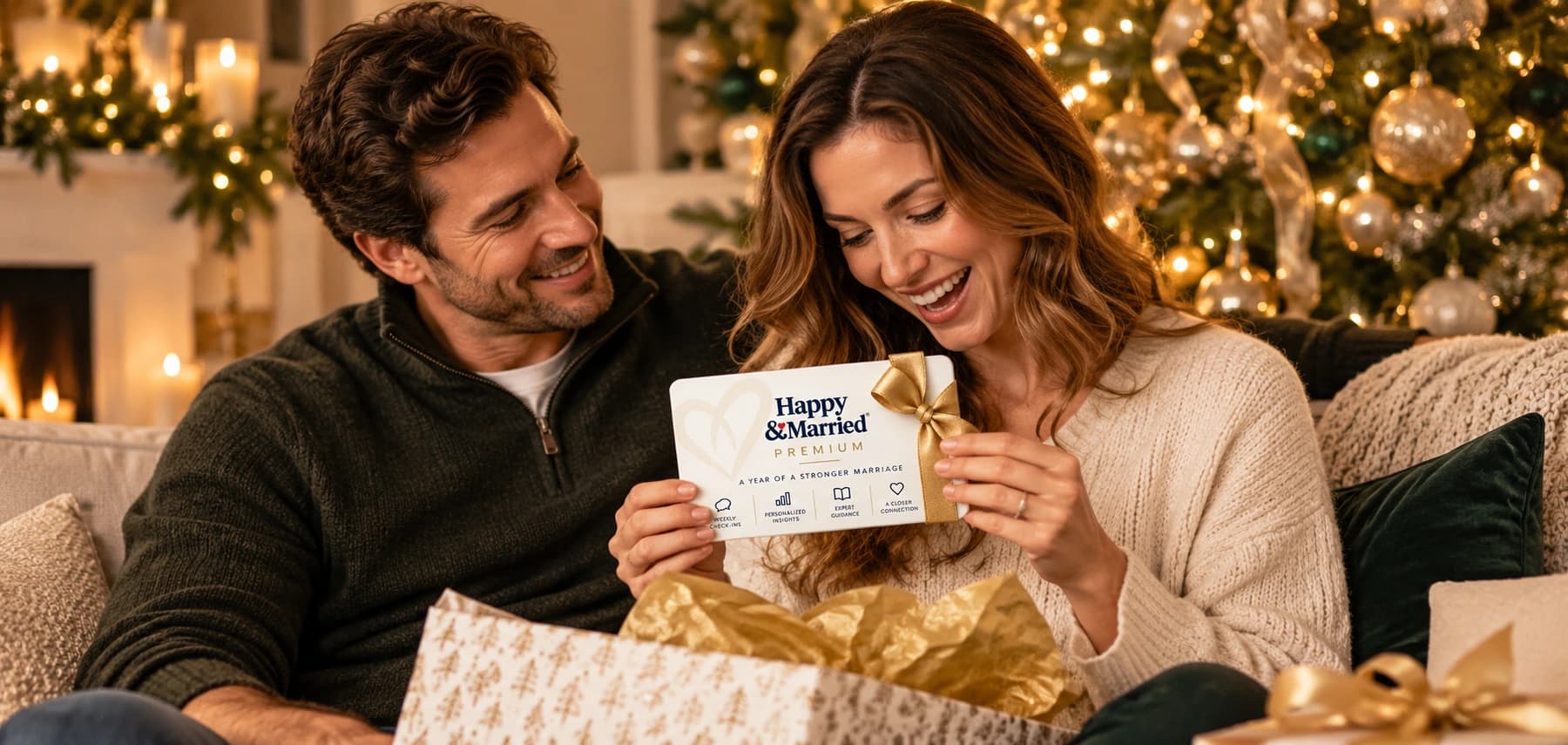 Married couple smiling together as they open their Happy & Married Premium Christmas gift by a decorated tree.