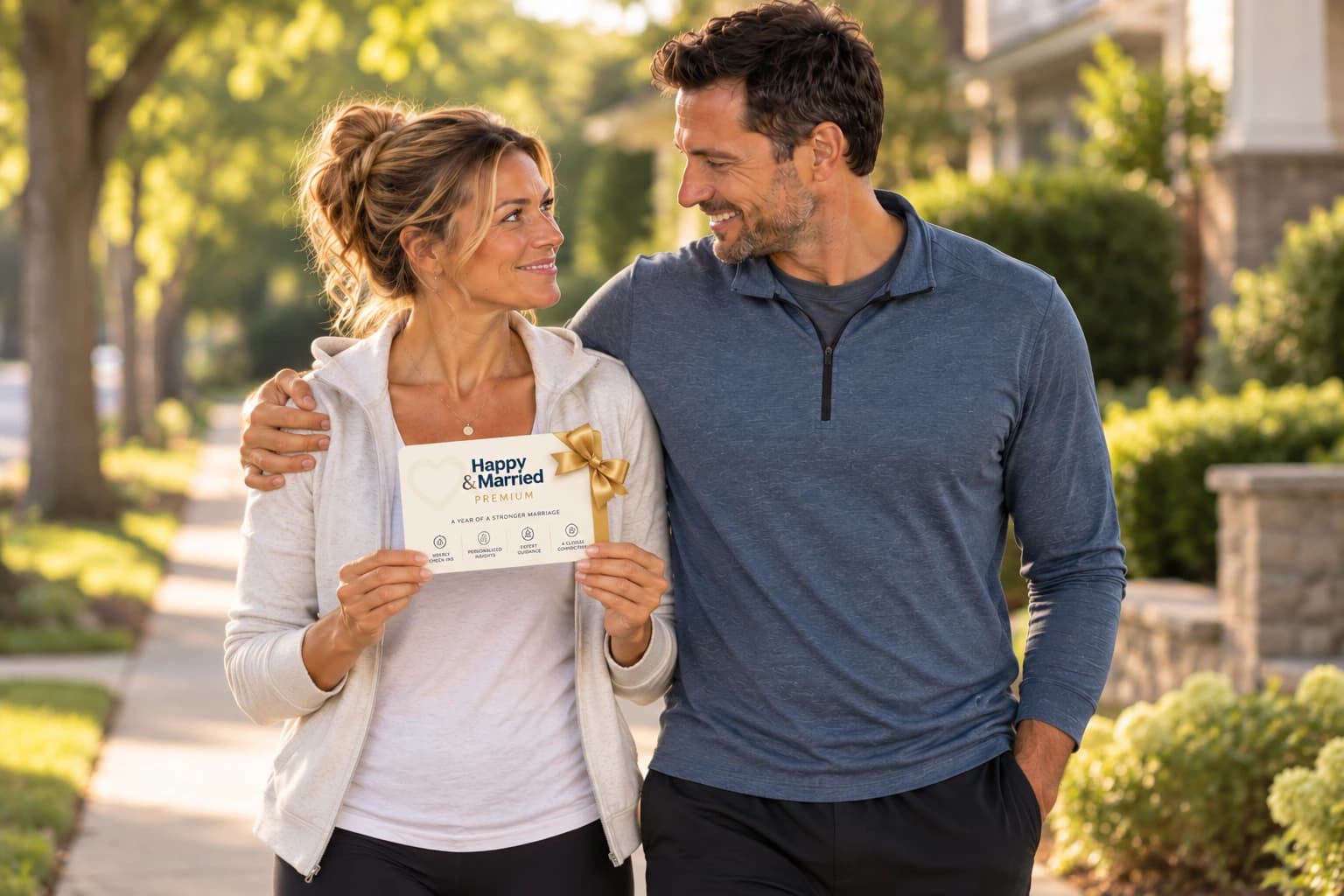 A married couple enjoying their Happy & Married Premium gift together on a walk.