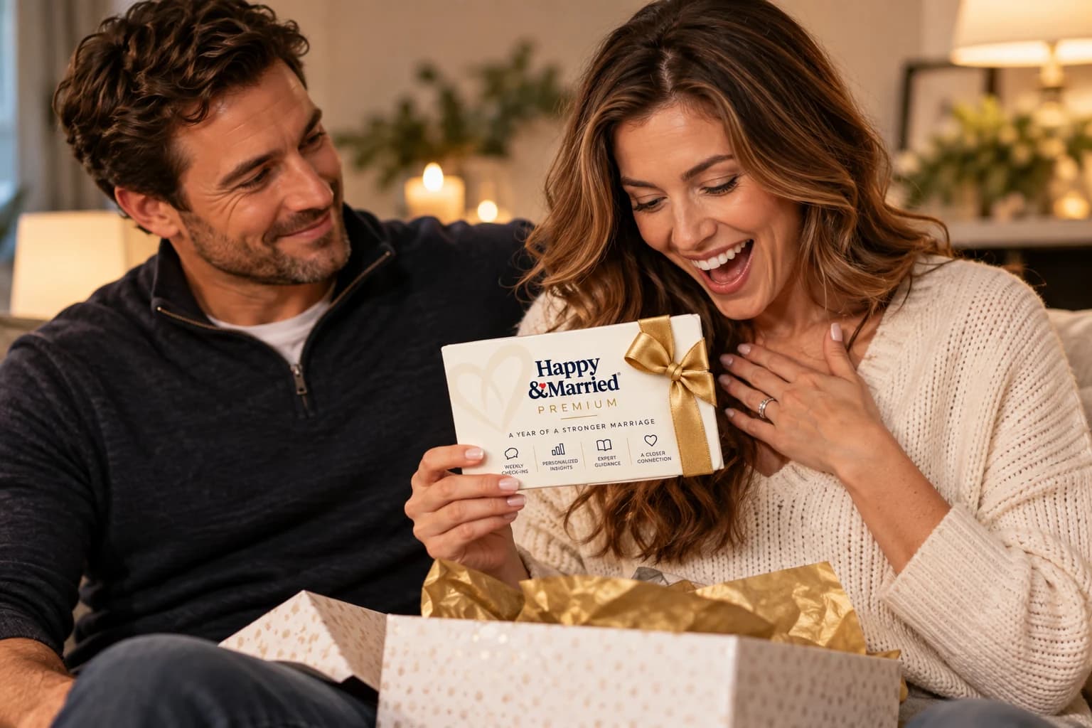 Wife delighted to receive a Happy & Married Premium gift from her husband.
