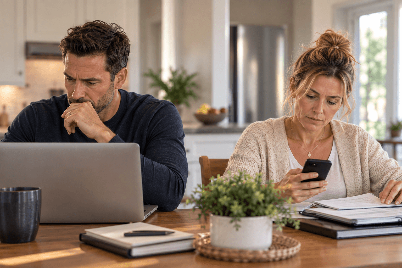 Couple at kitchen table busy working and managing their household
