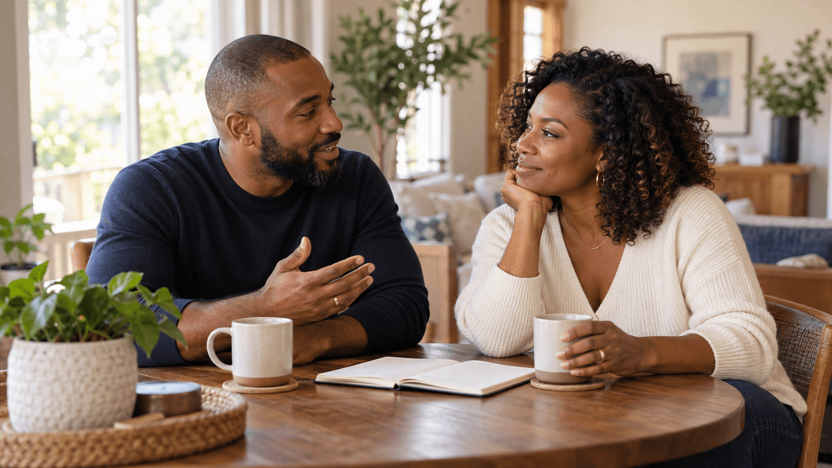 Couple talking over coffee at home during a weekly marriage meeting.